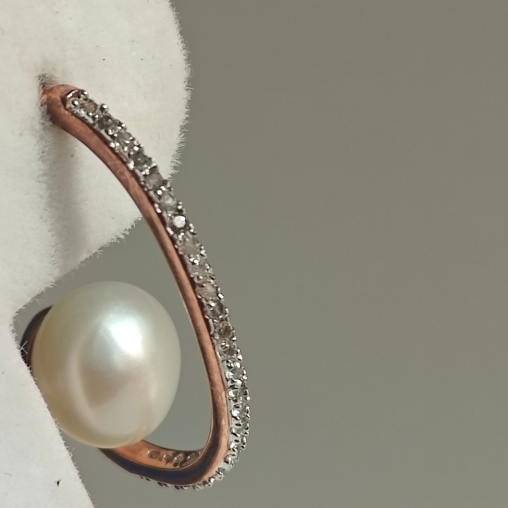 Honora Italy Rose Gold Bronze Real Pearl Crystal Pave Open Hoop Earrings - Picture 5 of 7
